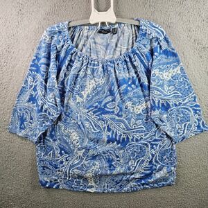 Susan Graver Weekend Blue White Paisley Print Square Neck 3/4 Sleeve Top 1X
